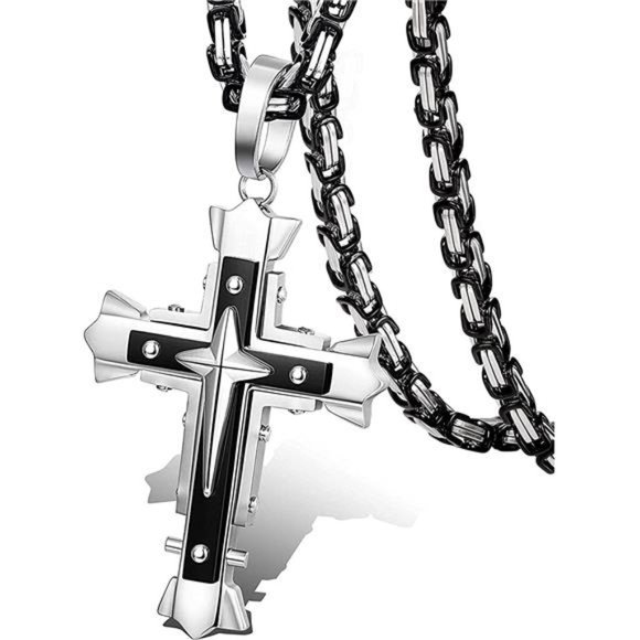 Stainless Steel Cross Pendant Necklace for Men 5MM  Chain Necklace 22-28 Inch - Picture 1 of 7